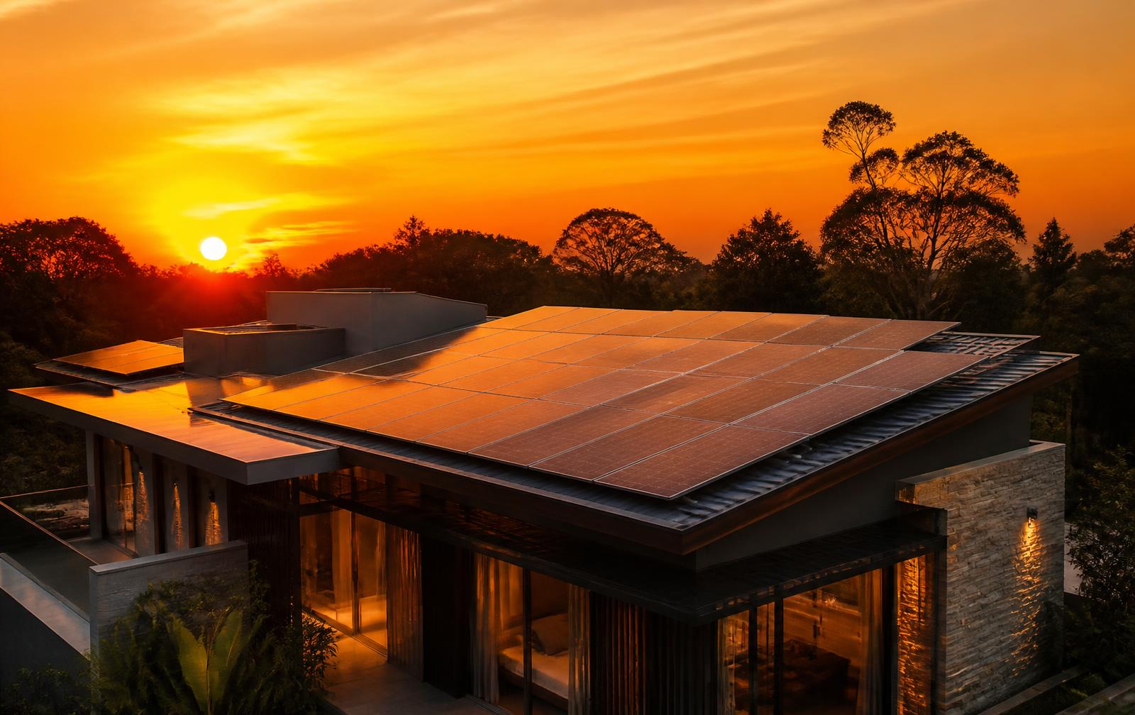 Residência moderna com painéis solares ao pôr do sol